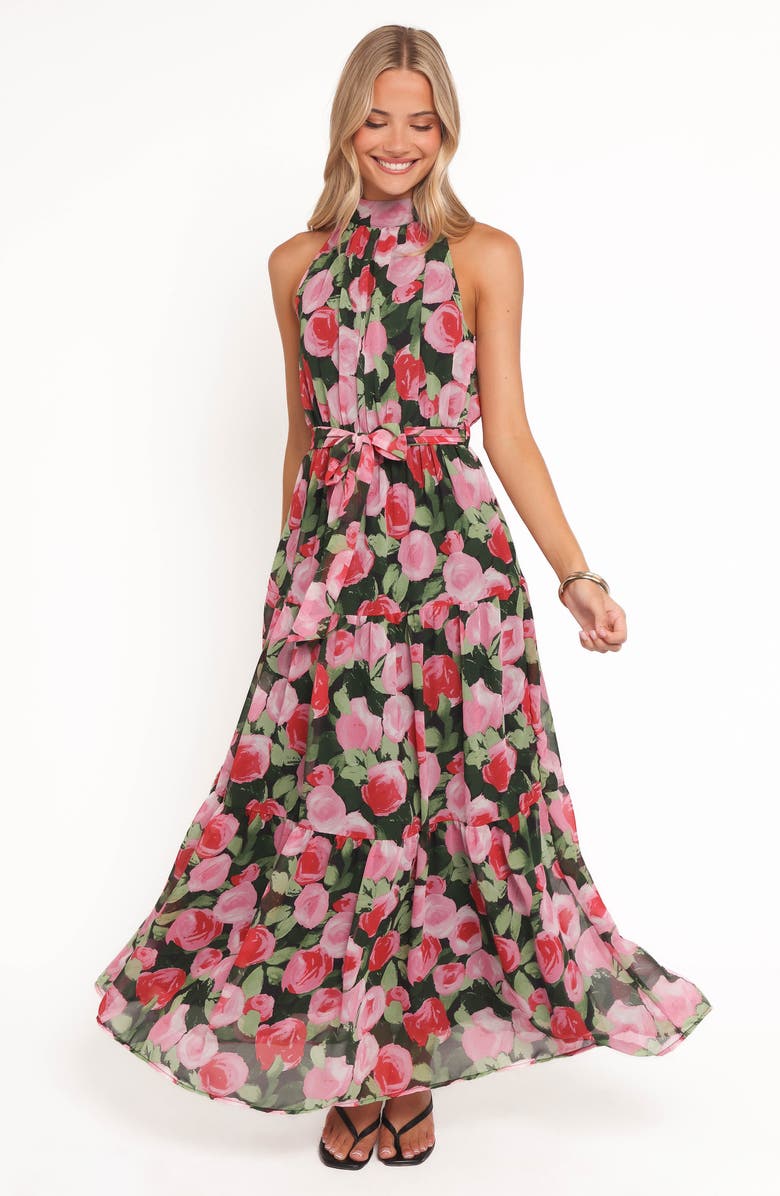 Petal & Pup Caroline Floral Halter Neck Maxi Dress, Alternate, color, Black Floral