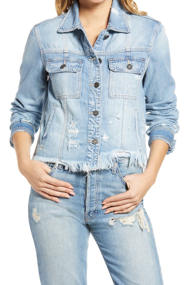 HIDDEN JEANS Frayed Hem Denim Jacket, Main, color, Light Wash