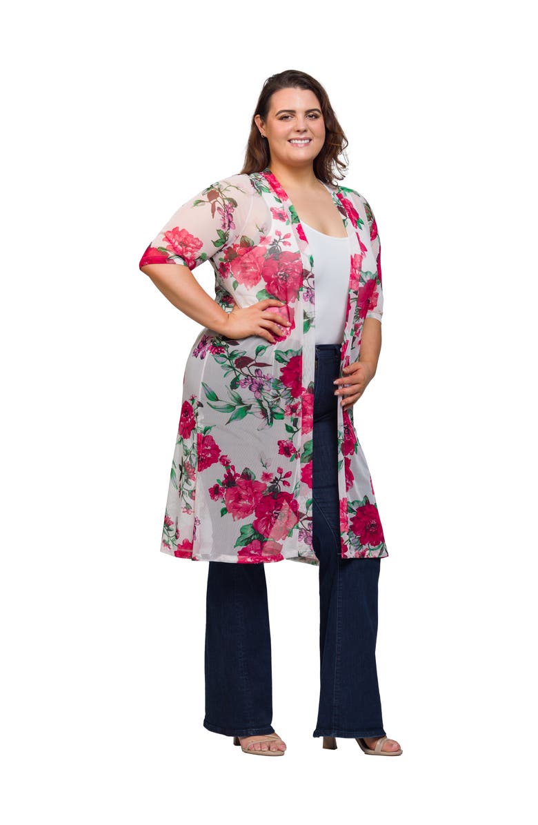 24seven Comfort Apparel White Floral Open Front Knee Length Duster Cardigan, Alternate, color, White Multi