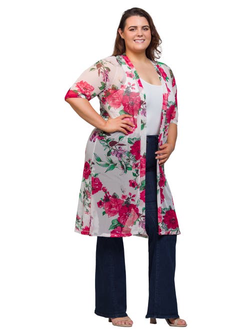 24seven Comfort Apparel White Floral Open Front Knee Length Duster Cardigan In Multi