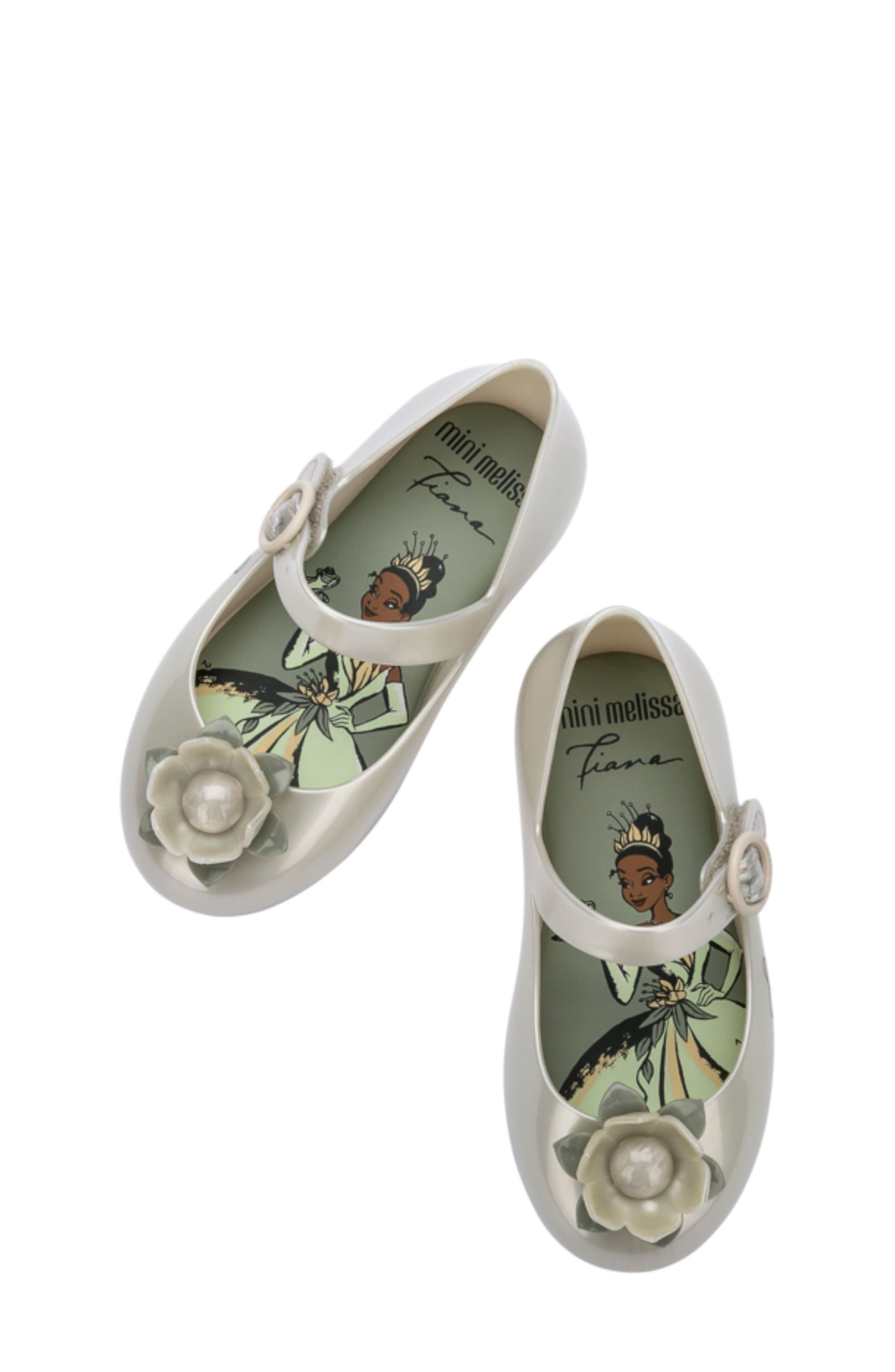 Mini Melissa Mini Sweet Love Disney Princess Mary Jane Flat, Alternate, color, Metallic White/ Green