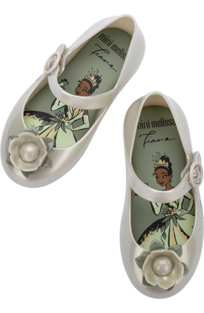 Mini Melissa Mini Sweet Love Disney Princess Mary Jane Flat, Alternate, color, Metallic White/ Green