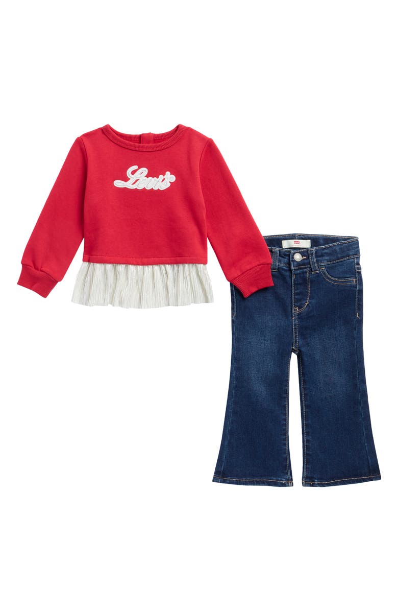 Levi's Sparkle Logo Sweatshirt & Flare Jeans Set, Main, color, Jester Red