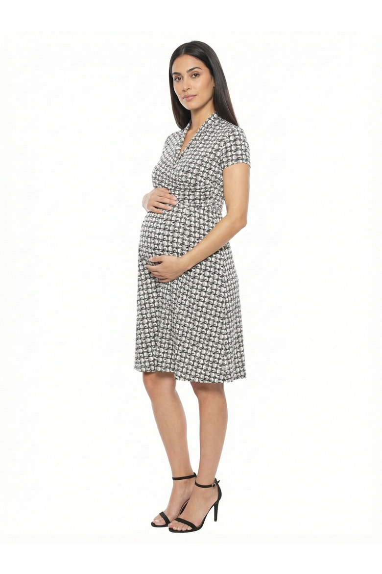 Maternity Geometric Short Sleeve Faux Wrap A-Line Dress, Alternate, color, Black Multi