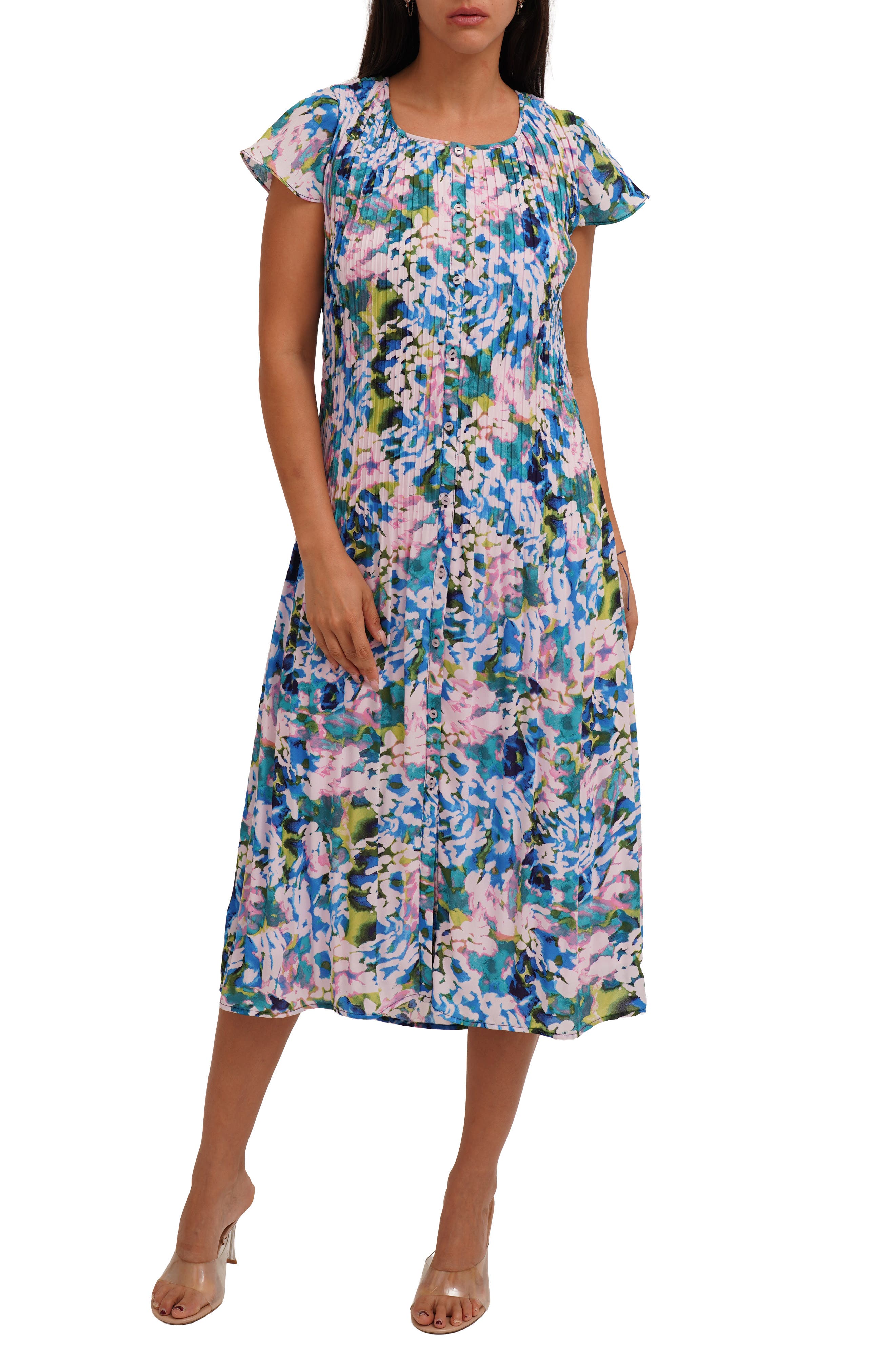 CYRUS Printed Pleated Fluttery Sleeve Midi Dress