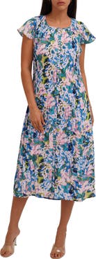 CYRUS Printed Pleated Fluttery Sleeve Midi Dress