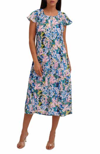 Printed Pleated Fluttery Sleeve Midi Dress