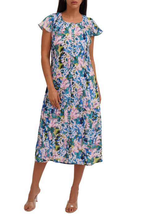 CYRUS Printed Pleated Fluttery Sleeve Midi Dress