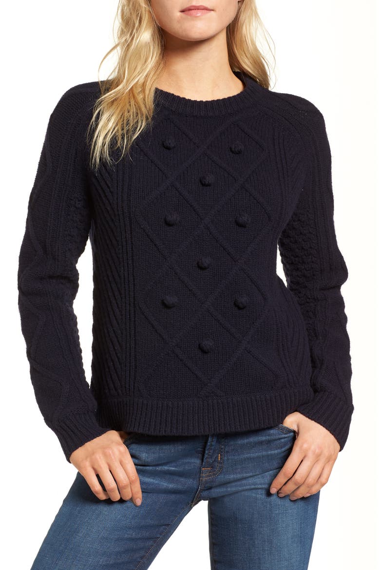 J.Crew Merino Wool Cable Pompom Sweater, Main, color, NAVY