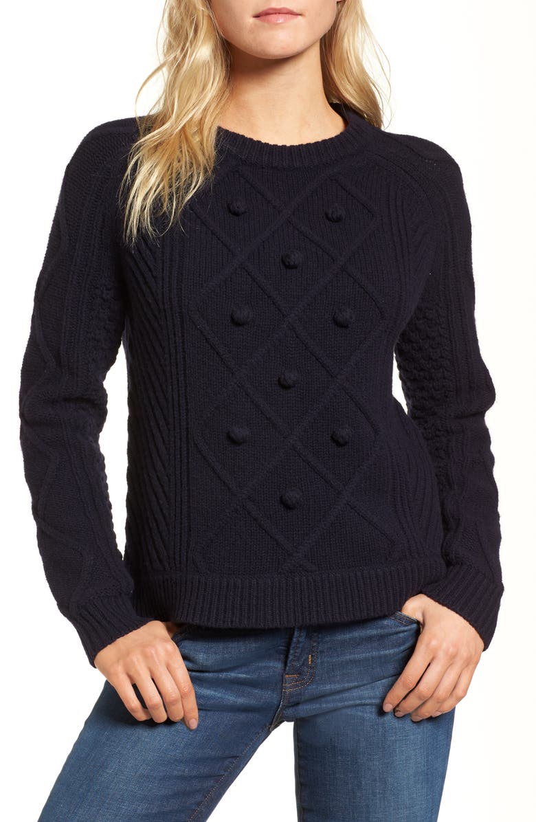 J.CREW FACTORY J.Crew Merino Wool Cable Pompom Sweater, Main, color, 