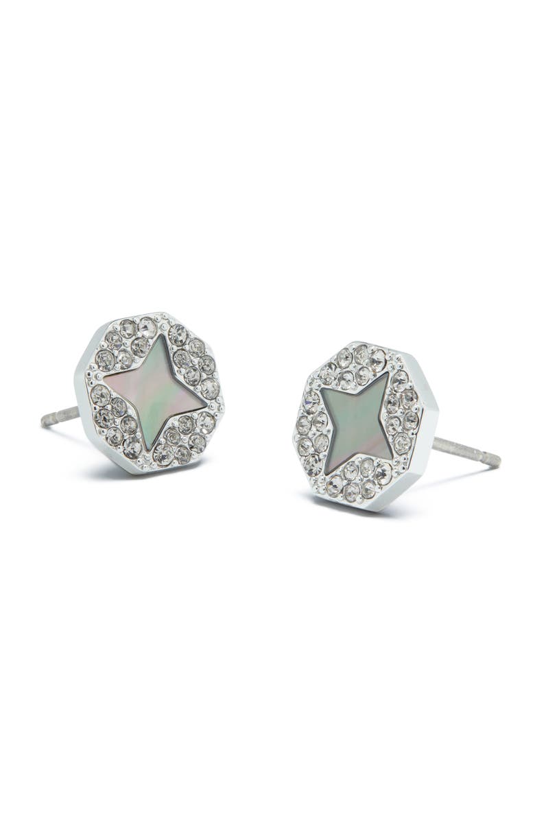 Tory Burch Forget Me Not Mother-of-Pearl & Pavé Stud Earrings, Main, color, Tory Silver/ Pearl/Crystal