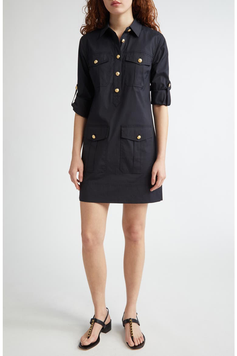 Saude Long Sleeve Stretch Cotton Dress, Main, color, BLACK
