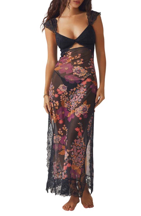 Suddenly Fine Floral Print Cutout Lace Trim Nightgown