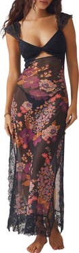 Free People Suddenly Fine Floral Print Cutout Lace Trim Nightgown