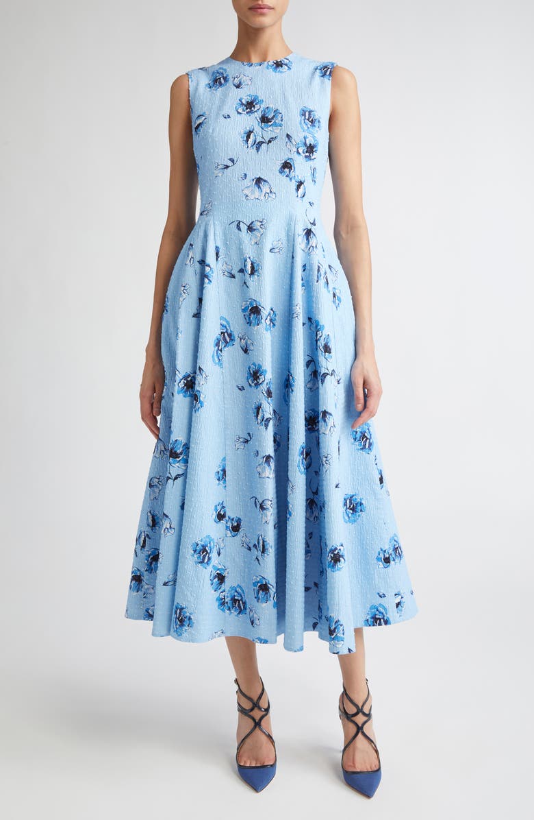 Emilia Wickstead Chelsea Floral Swiss Dot Fit & Flare Midi Dress, Main, color, Blue Poppies On Baby Blue