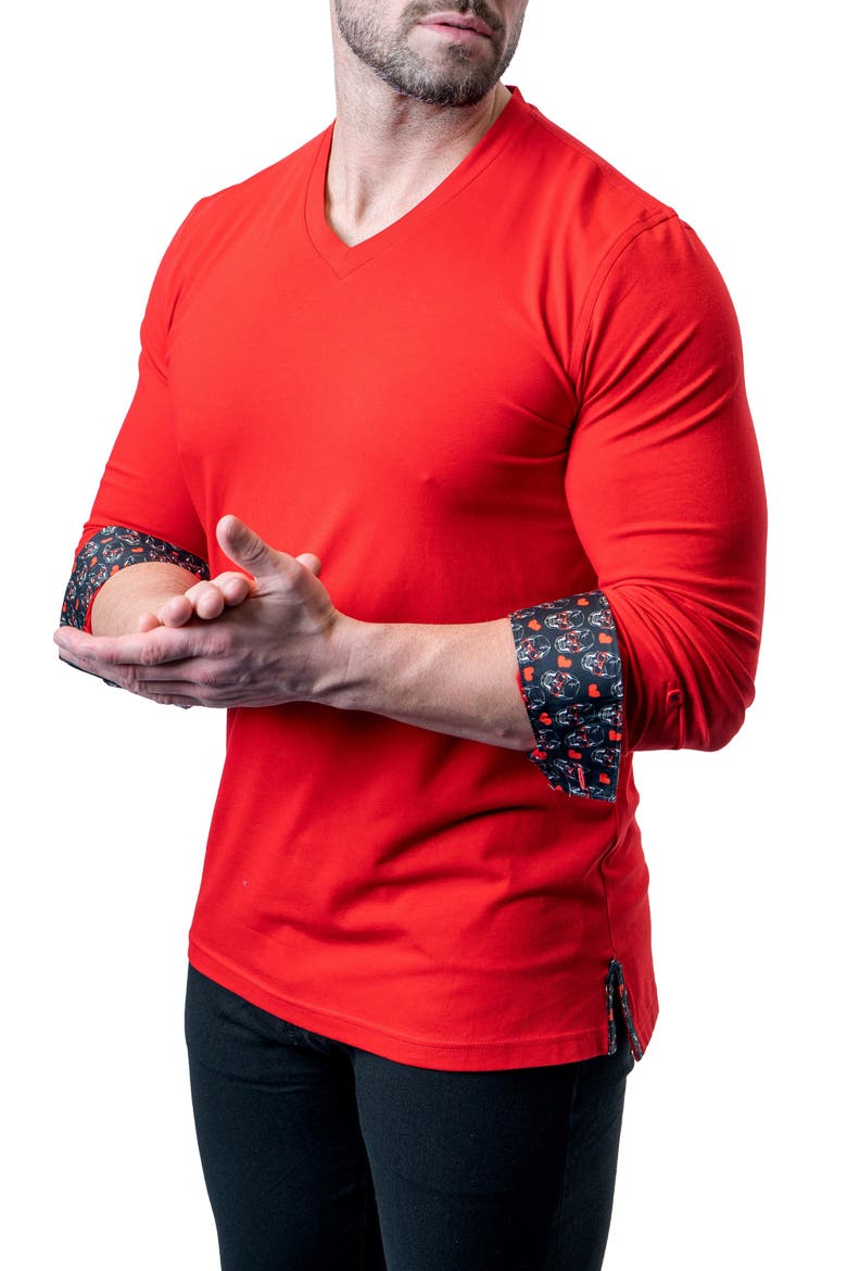 Edison Frenchie Red V-Neck Long Sleeve T-Shirt, Alternate, color, RED