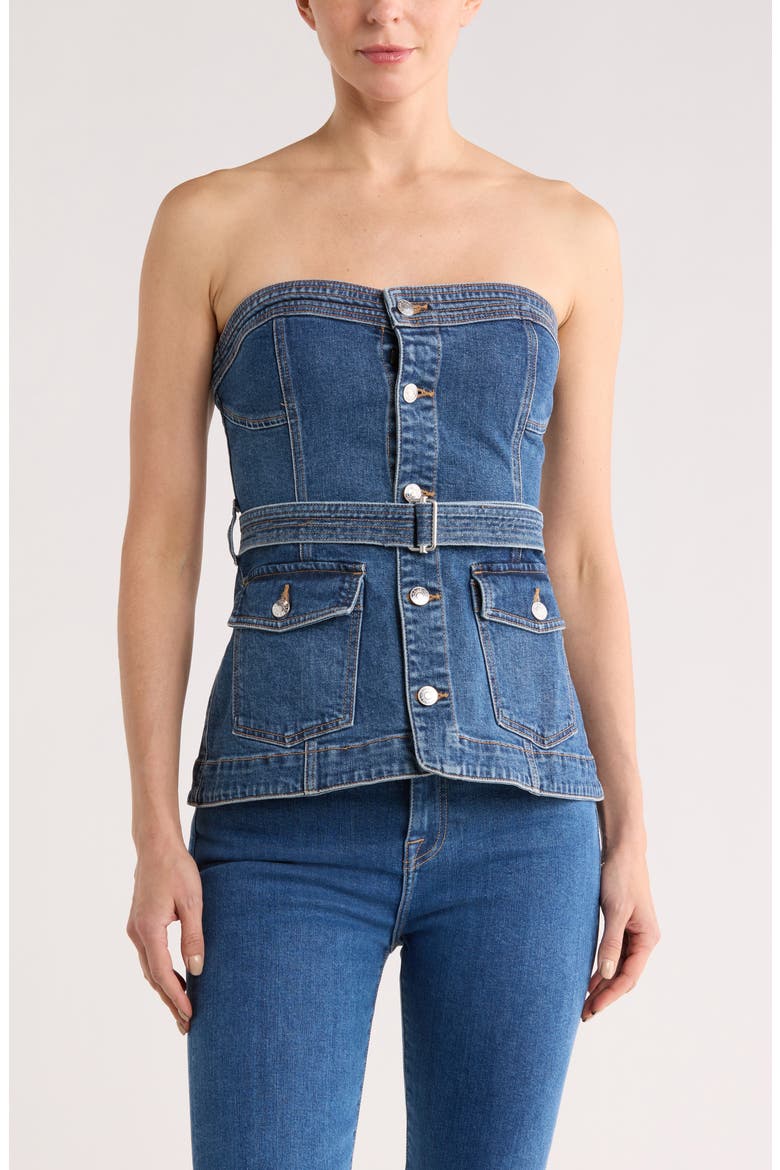 Cyan Belted Strapless Denim Bustier Top, Main, color, MARINE WASH