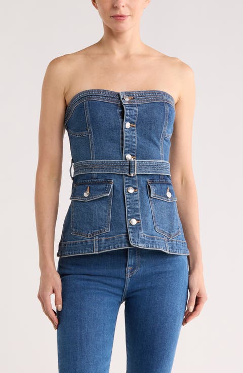 Cyan Belted Strapless Denim Bustier Top