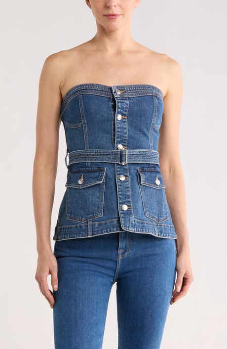 Simkhai Cyan Belted Strapless Denim Bustier Top