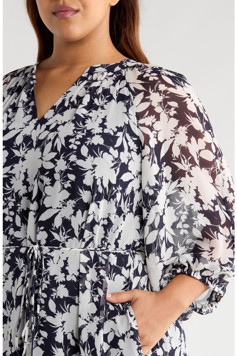 Puff Sleeve Tie Belt Midi Dress, Alternate, color, NAVY IVORY