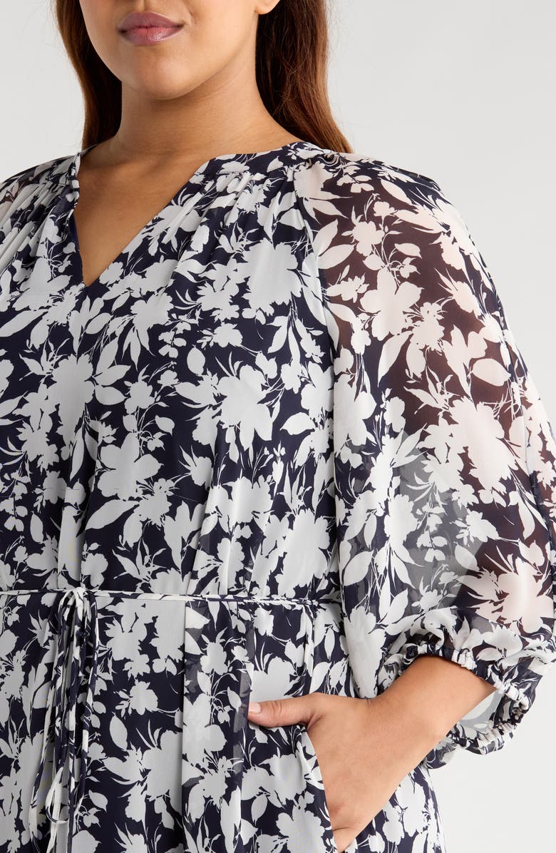 Julia Jordan Puff Sleeve Tie Belt Midi Dress, Alternate, color, Navy Ivory