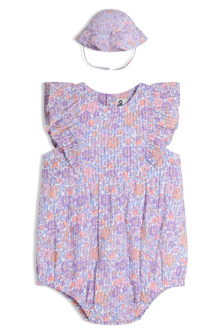 Floral Cotton Romper & Sun Hat Set, Main, color, LILAC