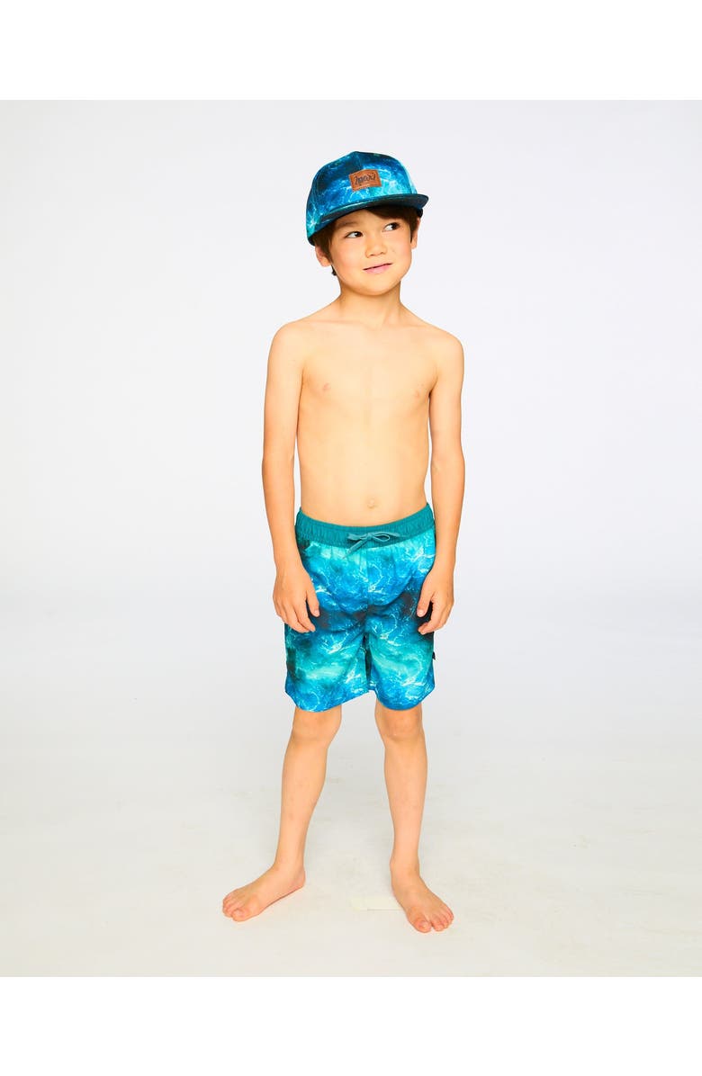 Deux par Deux Above the Knee Elastic Waist Dinosaur Waves Trunks, Alternate, color, Blue Waves Print