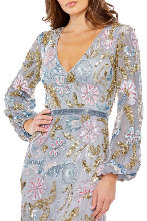 Mac Duggal Elegant Long Cuff Sleeve Embellished Midi Dress In Platinum Multi