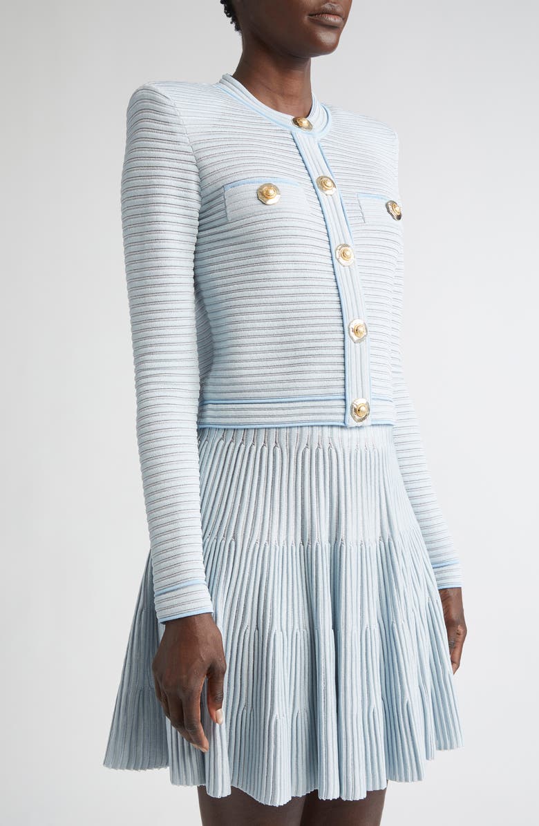 Balmain Long Sleeve Horizontal Rib Cardigan, Alternate, color, Blue/ White