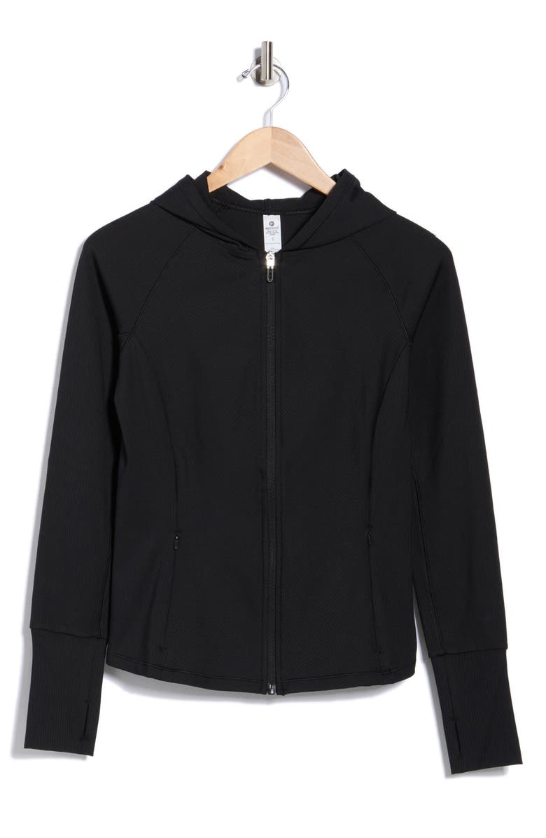 90 DEGREE BY REFLEX Felix Lux Ribbed Solara Full Zip Hoodie, Alternate, color, Black