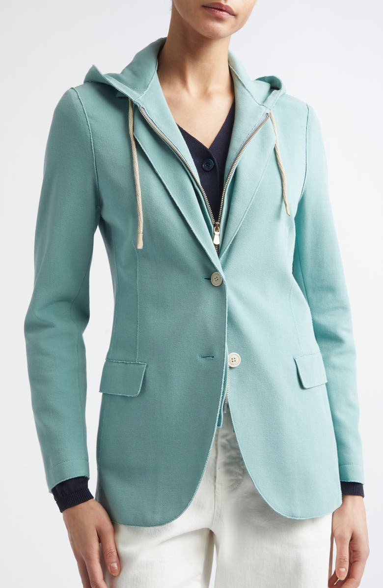 Eleventy Laser Cut Cotton Blend Knit Jacket with Hooded Zip Inset, Alternate, color, 175 Jade