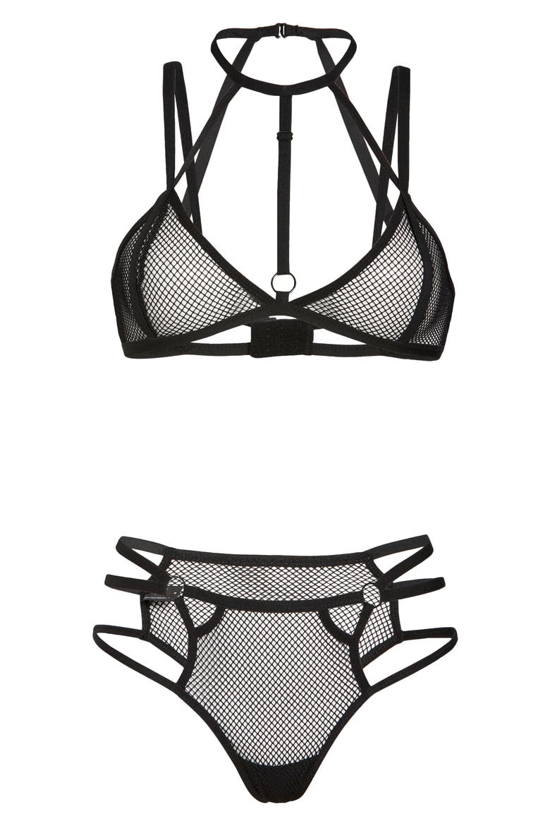 Nothing but Net Halter Bra & Panties Set, Alternate, color, BLACK
