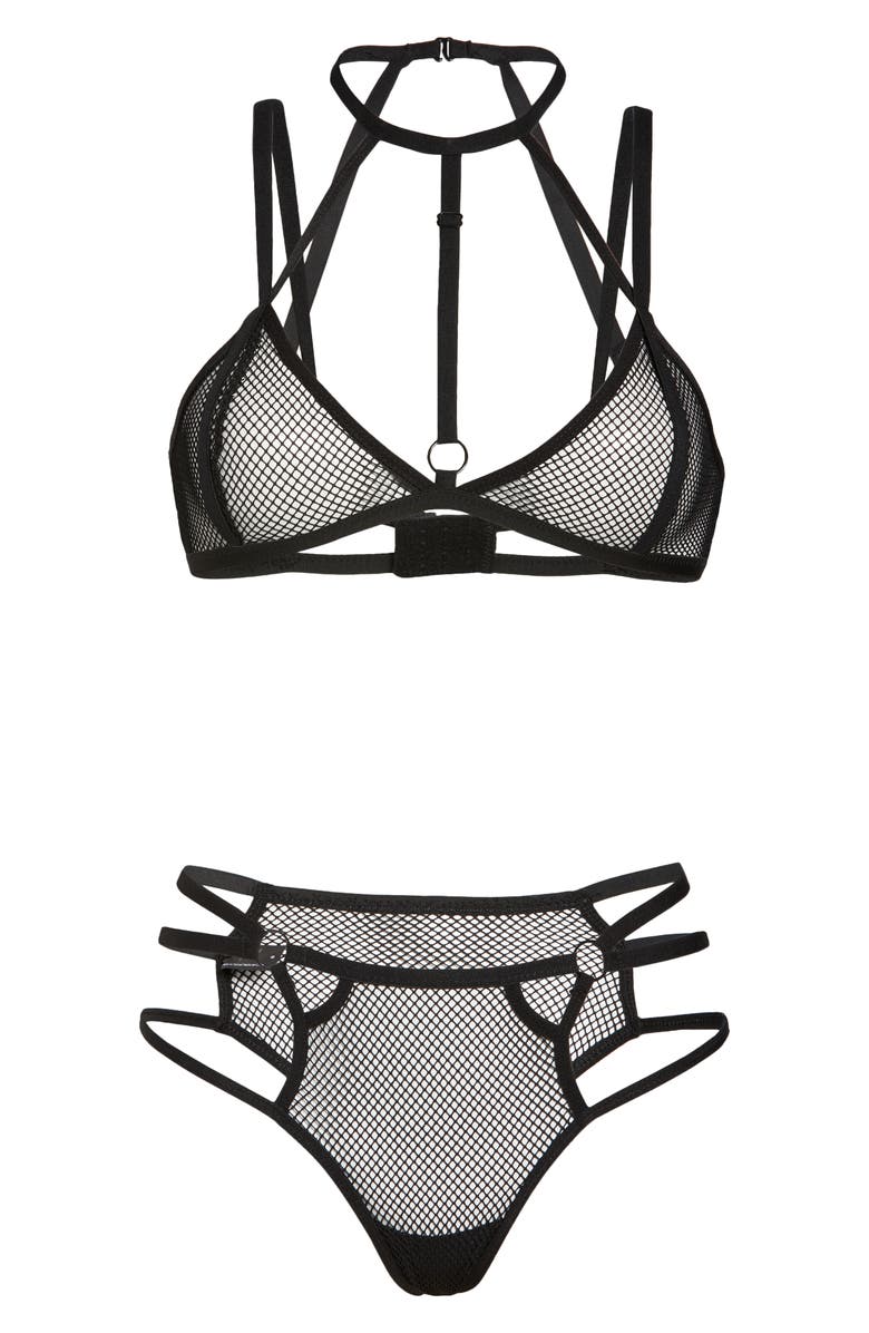 Hauty Nothing but Net Halter Bra & Panties Set, Alternate, color, Black