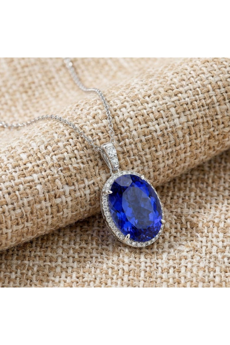 5 Ct TW Oval Tanzanite & Lab Grown Diamond Halo Pendant 14k Gold Necklace, Alternate, color, 14k White Gold