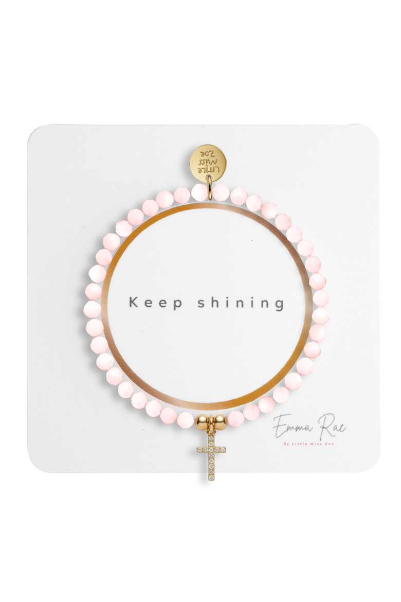 Cubic Zirconia Cross Charm Semi-Precious Gemstone Bracelet, Alternate, color, Pink