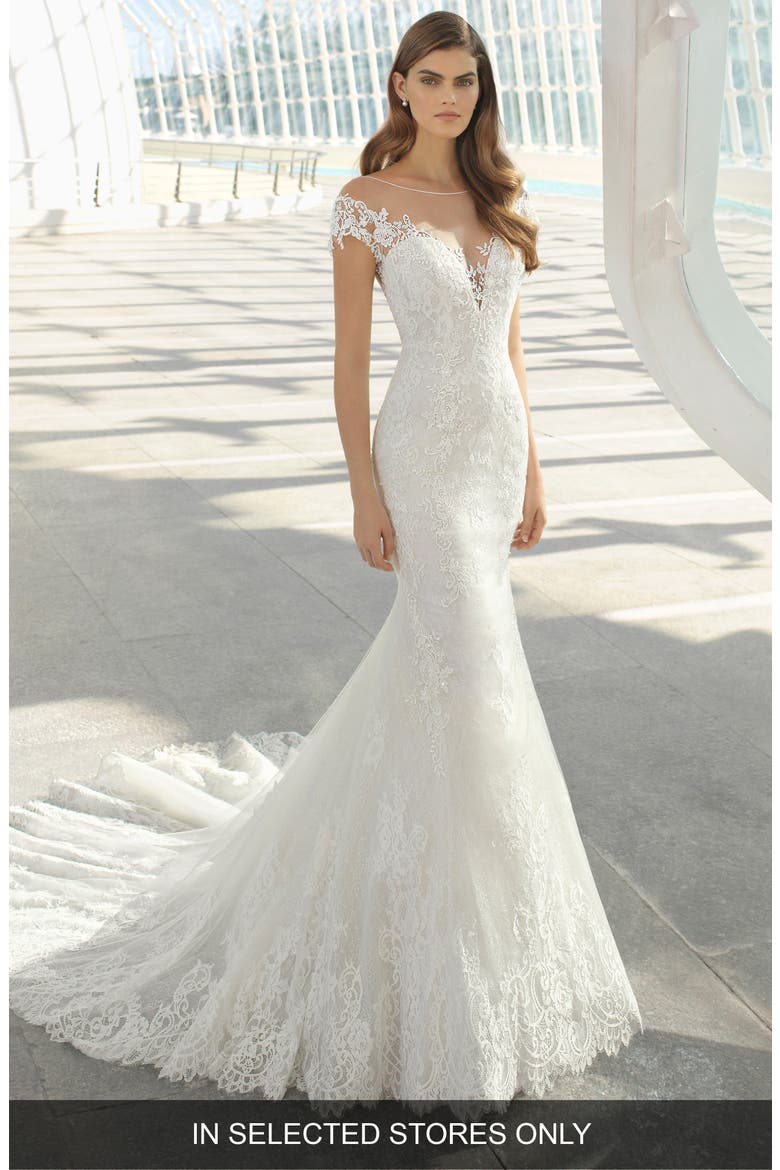 Darling Beaded Floral Lace Mermaid Gown, Main, color, NATURAL