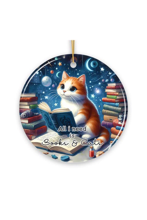 Starry Night Reading Cat Ceramic Ornament