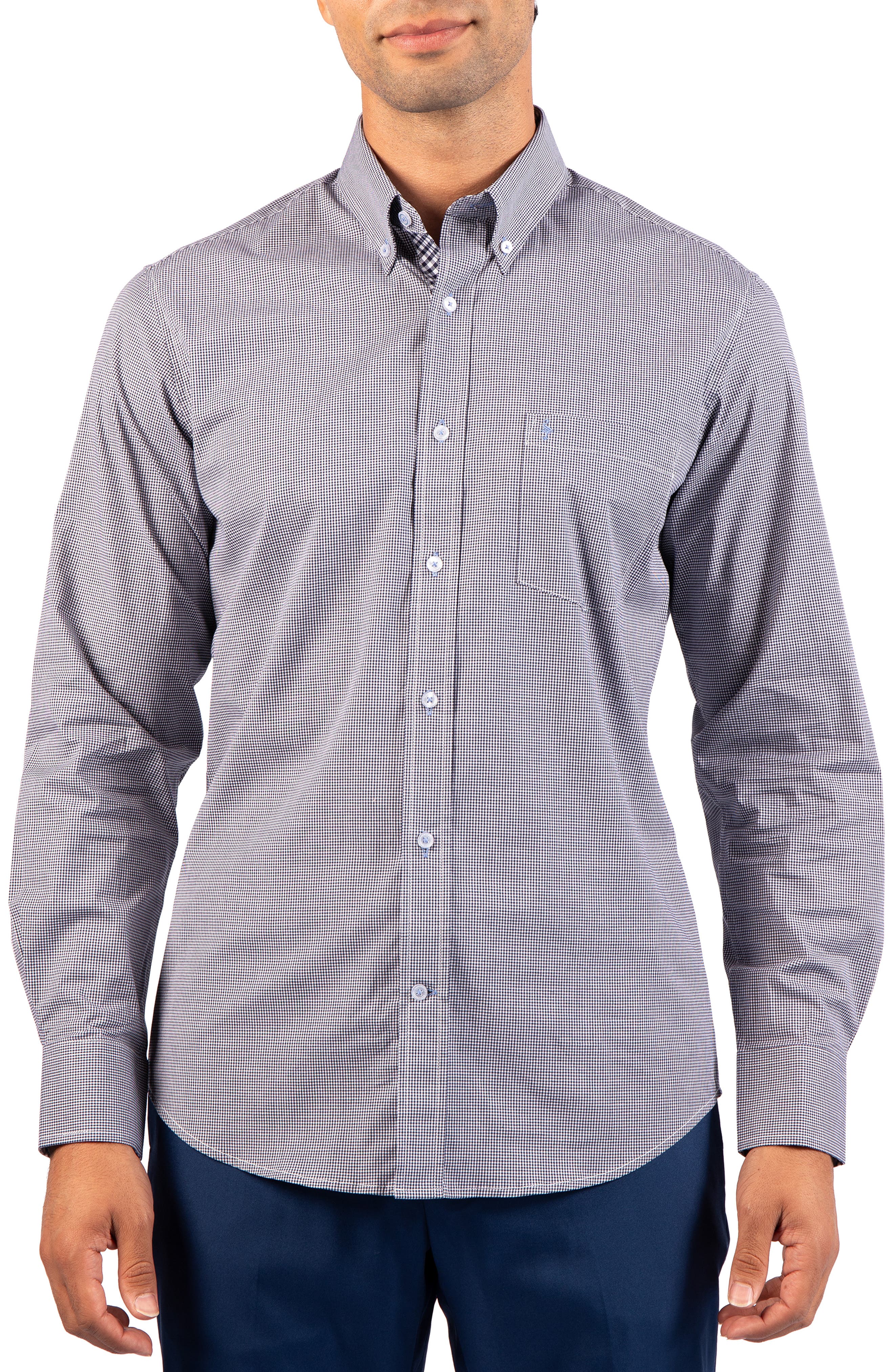 Tailorbyrd Micro Gingham Stretch Cotton Button-up Shirt In Black