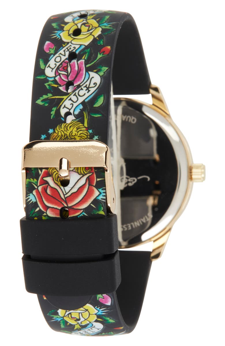 Ed Hardy Crystal Silicone Strap Watch, 38mm x 44mm, Alternate, color, 
