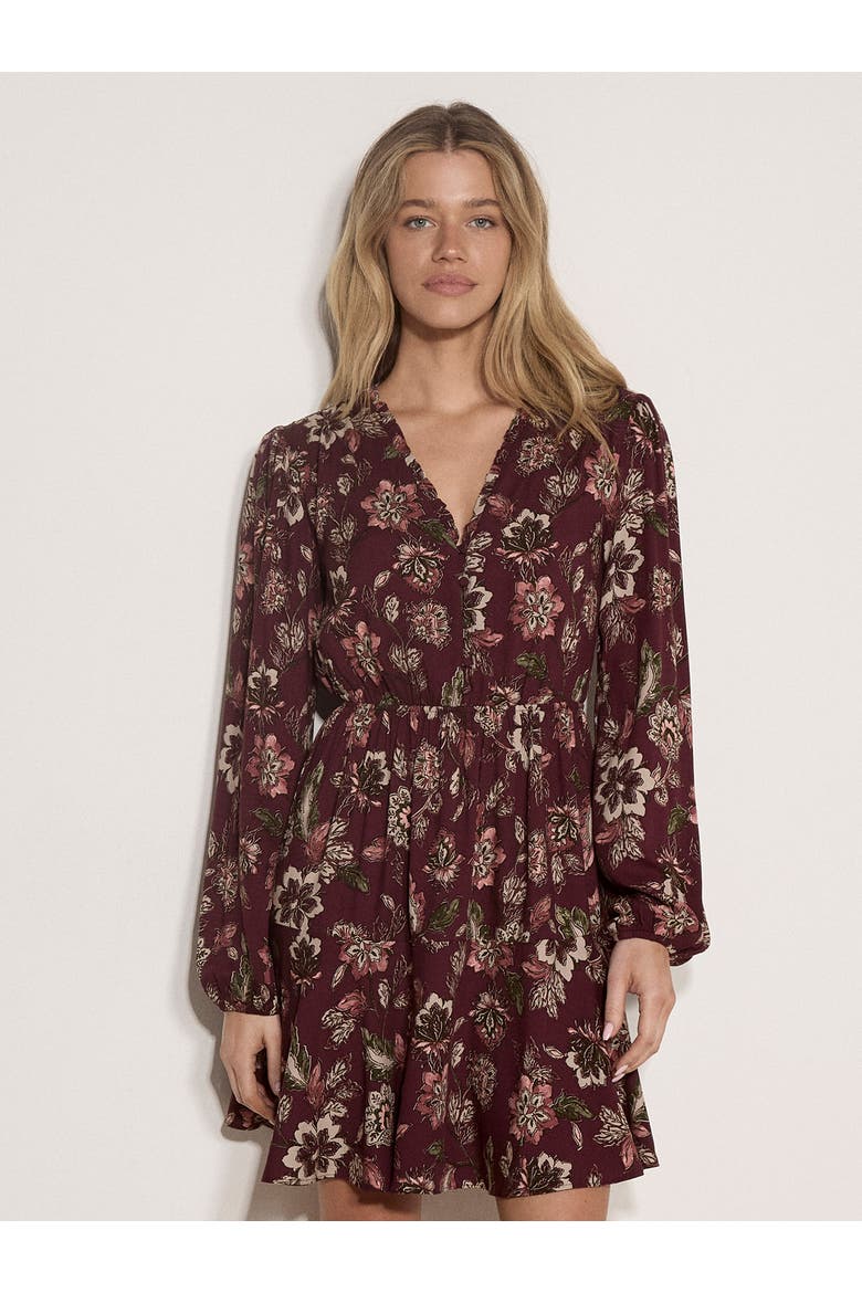 Painterly Ruffle Neck Mini Dress, Main, color, Burgundy
