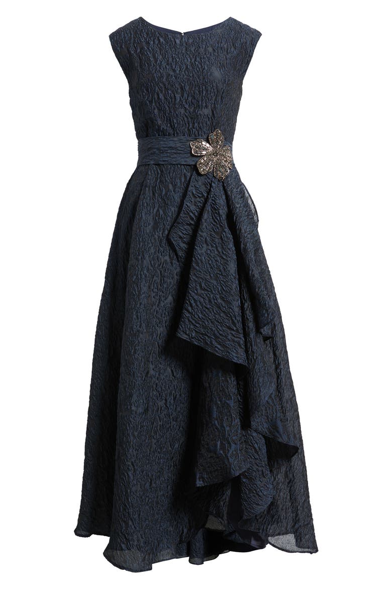Beaded Flower Crinkled Taffeta Dress, Alternate, color, NAVY