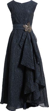 Tahari ASL Beaded Flower Crinkled Taffeta Dress