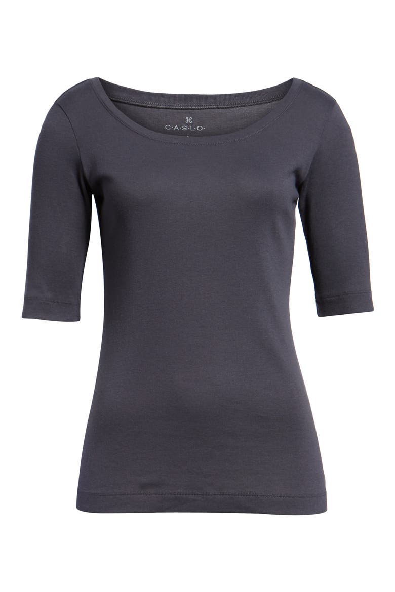 Ballet Neck Cotton & Modal Knit Elbow Sleeve Tee, Alternate, color, GREY EBONY