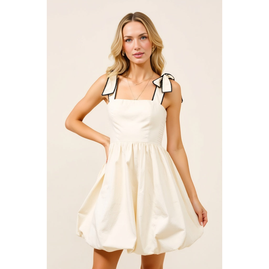 Modenaire Bow Strap Bubble Hem Mini Dress with Square Neckline Detail in Off-White /Cream  product