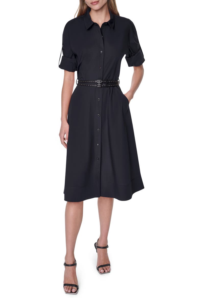 Long Sleeve Stretch Cotton Shirtdress, Main, color, BLACK