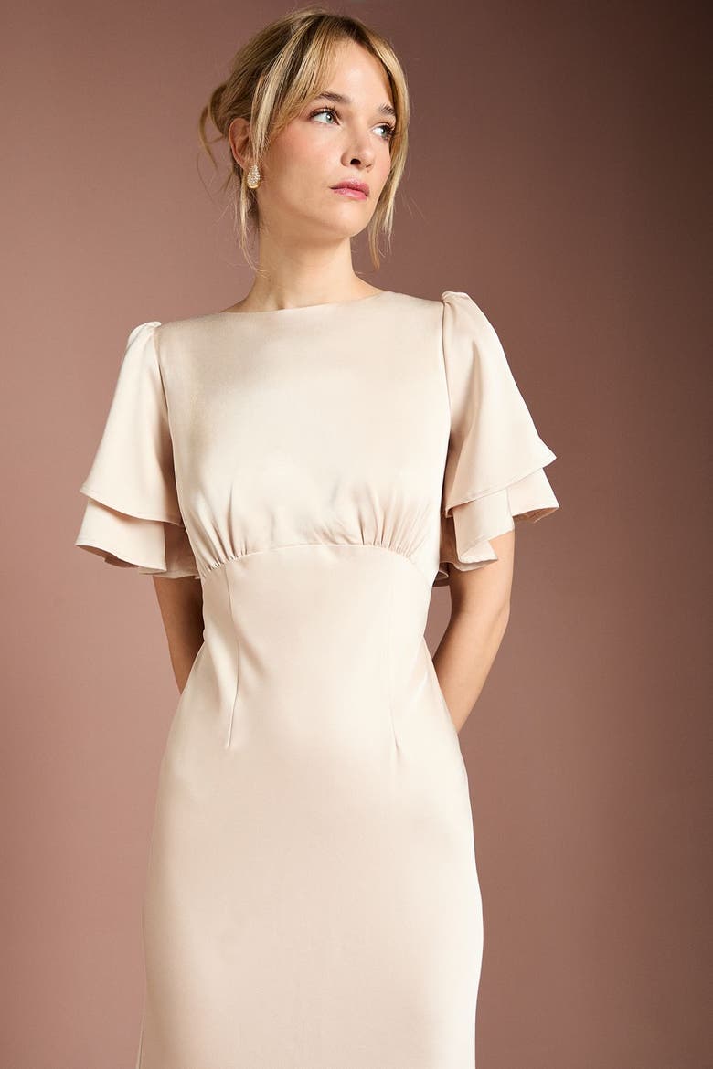 High Neck Crepe Maxi Dress, Alternate, color, Champagne
