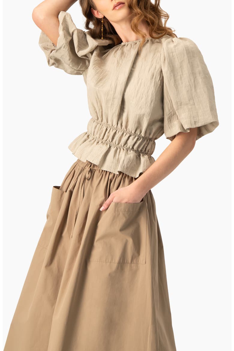 Puff Sleeve Peplum, Cinched Waist Crinkle Blouse, Alternate, color, Sand