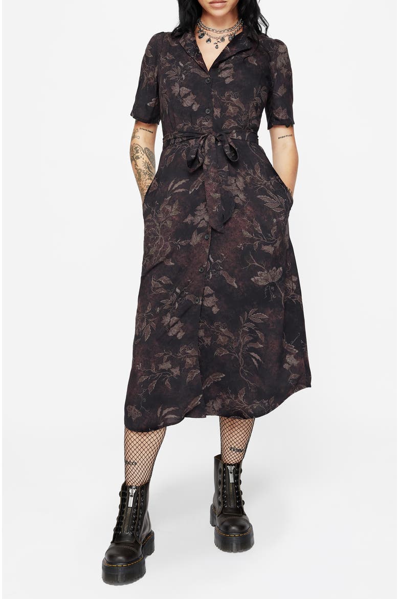 Ashmire Moth Print Tie-Waist Shirt Dress, Main, color, Black