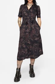 Disturbia Ashmire Moth Print Tie-Waist Shirt Dress