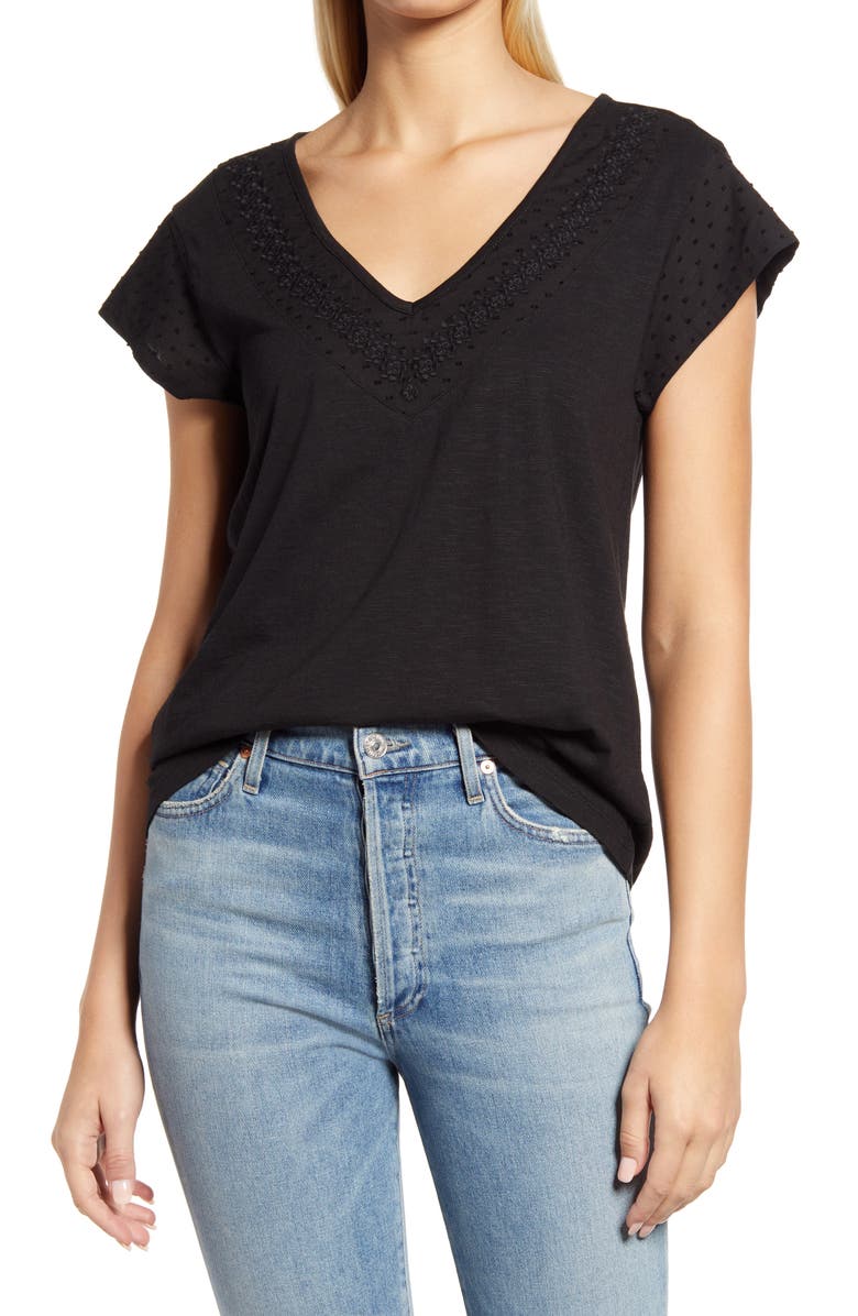 Caslon<sup>®</sup> Embroidered Neck Short Sleeve Cotton Blend Top, Main, color, 